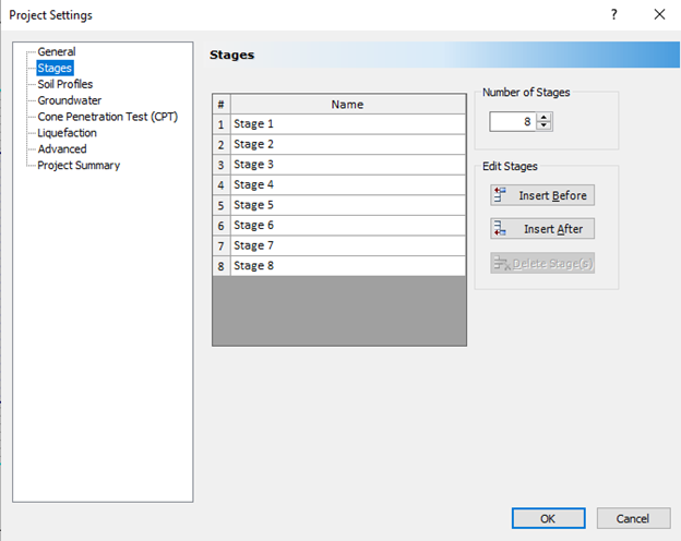 Project Settings dialog - Stages tab